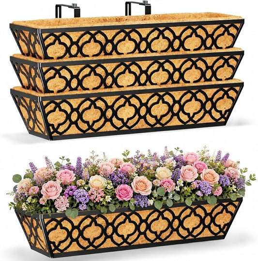 24 Inch Railing Planter Box with Coco Liner, Adjustable Metal Hanging Planter, Window Box for Balcony Deck Fence, Outdoor Flower Box Black, 4 Pack