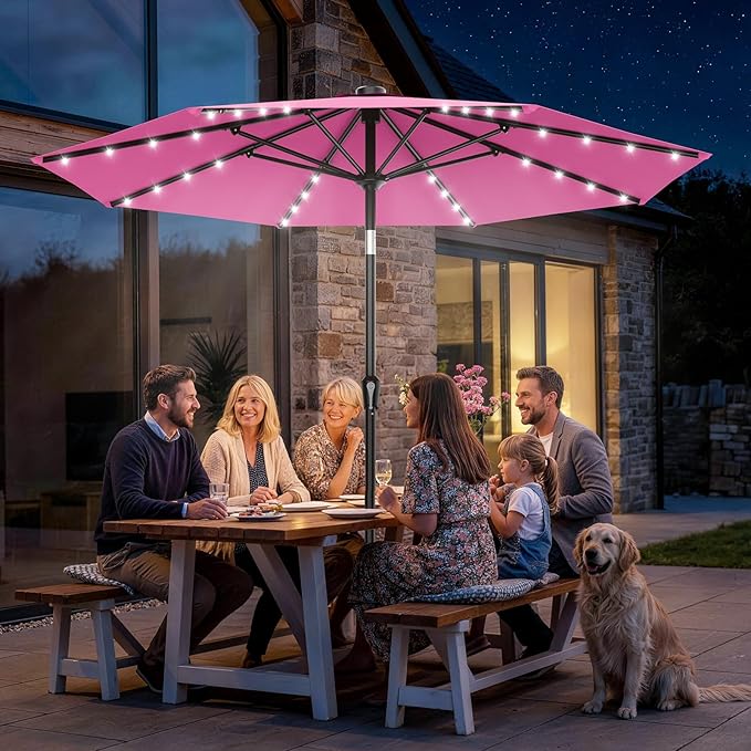 AreShark 9FT Patio Umbrella with Solar Lights, 32 Lighted Pool Umbrella w/Tilt and Crank, Outdoor Market Solar Umbrellas for Garden, Deck, Backyard, Pool and Beach, Rose Pink