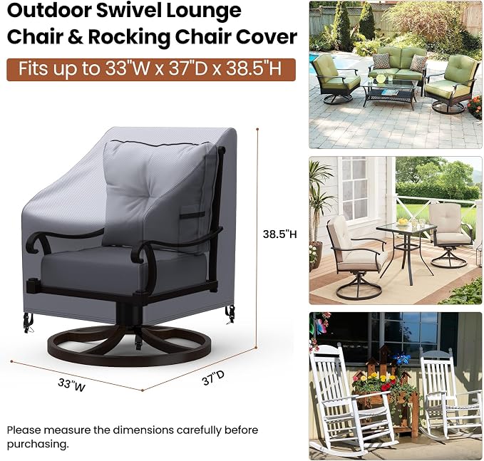 Mrrihand Outdoor Swivel Lounge Chair Cover Waterproof, 2 Pack Heavy Duty Patio Rocking Chair Covers for Outdoor Furniture, 33" W×37" D×38.5" H, Grey