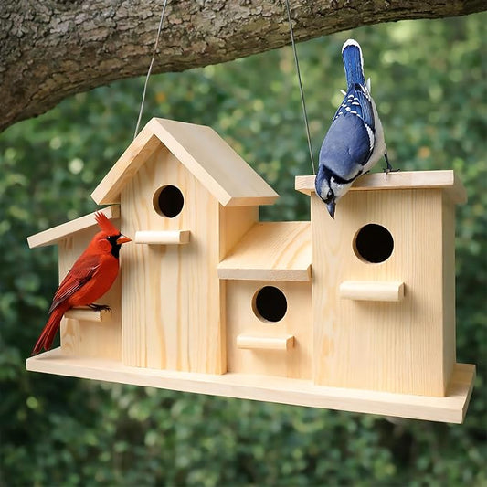 23 Bees 4 Hole Bird House for Outdoors/Indoors, Hanging Kit for Kids & Adults, Decorative Feeder for Bluebirds, Wrens & Chickadees, All-Weather Home Decoration (Wood, 4 Houses)