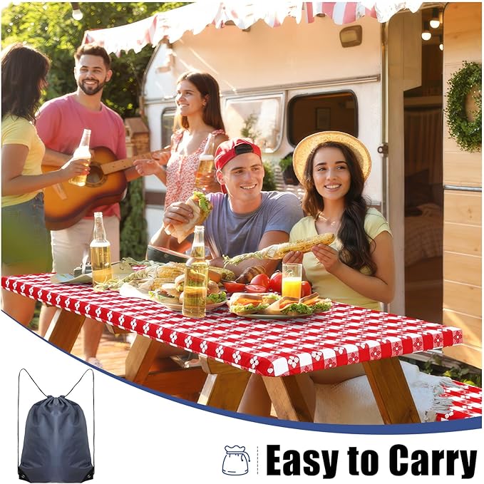 Smiry Picnic Table Cover with Bench Covers, Waterproof Elastic Fitted Tablecloth for 6 Foot Tables, Washable Polyester Tablecloths for Camping, Indoor & Outdoor (Red & White, 30x72 Inch 3-pc Set)