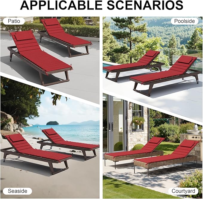 Crestlive Products Chaise Lounge Cushion Outdoor Set of 2, Foldable Waterproof Pool Lounge Chair Cushions with Straps, Lounger Cushions for Outdoor Furniture, 71''Lx21''W (Chili)