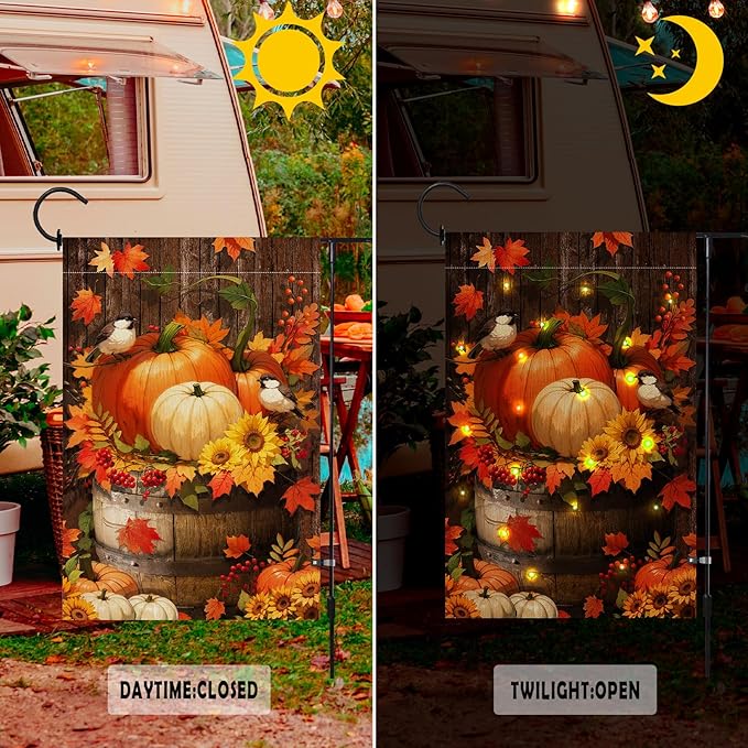 Lighted Pumpkin Fall Garden Flag 12 x 18 Inch Double Sided Burlap Led Autumn Watercolor Bird Garden Flag for Party Yard Outdoor Decoration