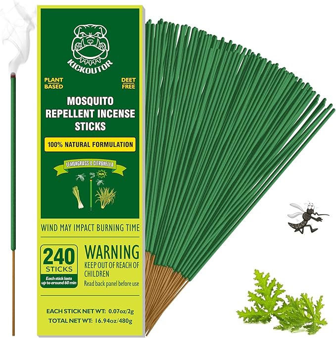 KICKOUTOR® Mosquito Repellent Outdoor Patio, 240 Count Natural Citronella Mosquito Incense Sticks, 1-Hour Burn DEET-Free Flying Insect Bug Control for Backyard Camping | Gnat No-See-um
