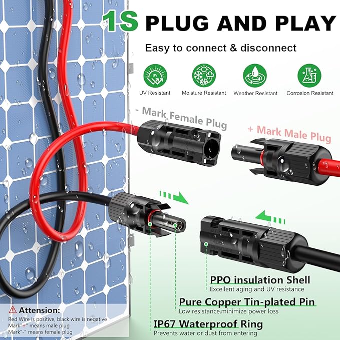 Oududianzi Solar Extension Cable 30Ft 10AWG, Solar Wire, 10 Gauge Tinned Copper PV Wire, Solar Panel Cables with Waterproof Male and Female Connectors for Home Boat RV Solar Photovoltaic Systems