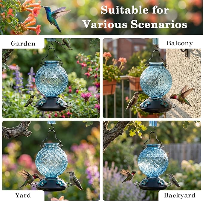 25 OZ Glass Hummingbird Feeder for Outdoors, Leak Proof Hummingbird Feeder with Ant Moat, 4 Bee Resistant Feeding Ports, Easy Clean Wide Mouth Design, 360° Perch, Hanging Nectar Feeder, Blue
