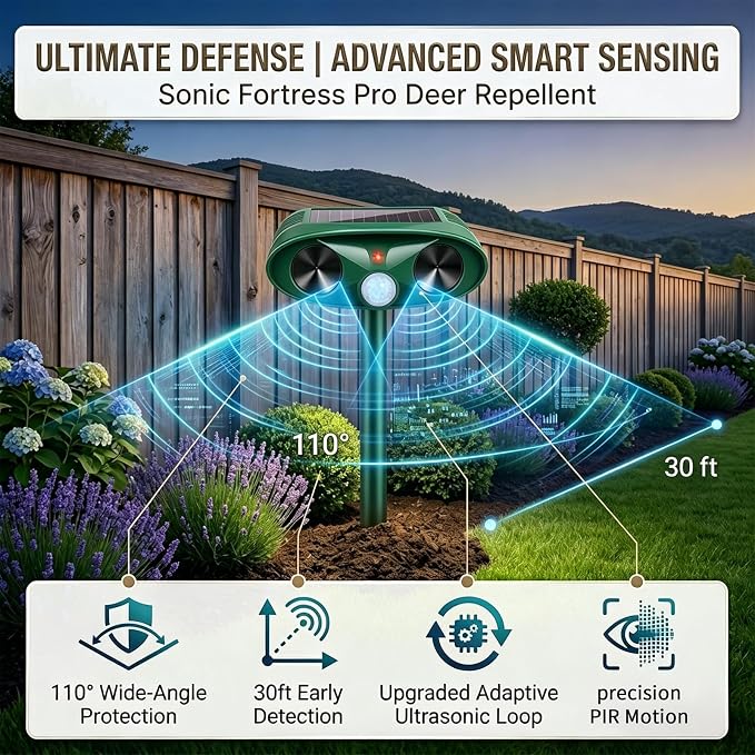 4 Pack Upgraded Sonic Fortress Pro Deer Repellent Cat Deterrent Outdoor Solar Ultrasonic Animal Repeller with Motion Sensor for Skunk Rabbit Raccoon Squirrel Fortress Pro for Yard Garden