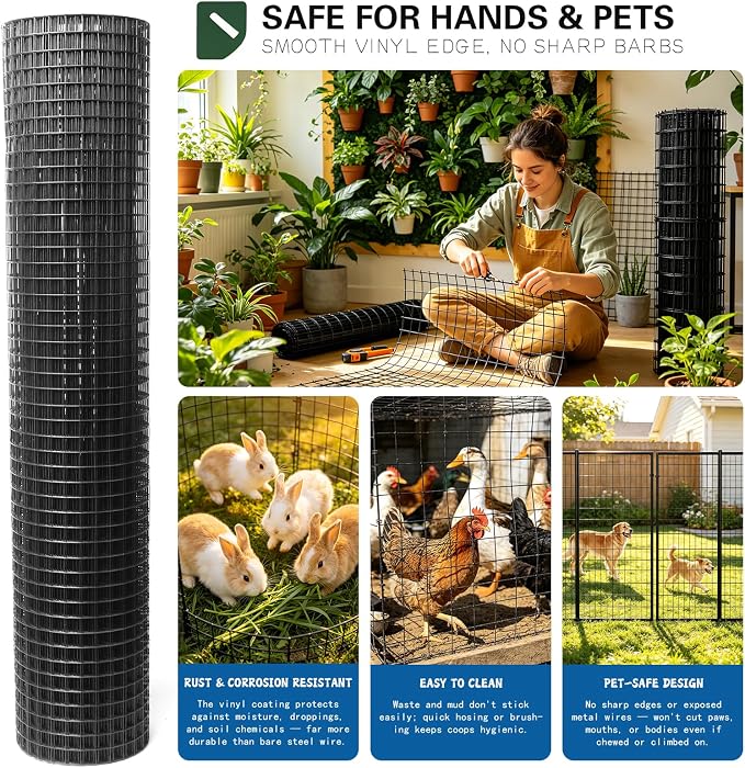 Black Hardware Cloth 1/2inx24inx100ft, Chicken Wire Fencing, 19Gauge, PVC Coated Chicken Wire, Hardware Cloth, Perfect for Chicken Wire Mesh, Rodent Mesh, Tree Guard, Chicken Coop