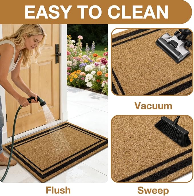 OLANLY Front Door Mat, Low Profile Doormat, Stain and Fade Resistant, Easy to Clean, for Indoor and Outdoor Entrances, Patio Porch or Entryway, Brown (30x17 Inch, Classic Border)