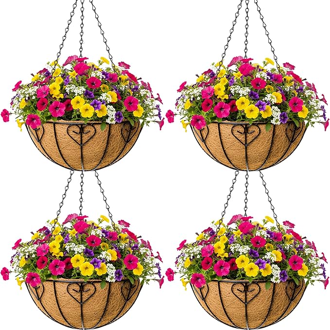 4pcs 16 inch Metal Hanging Baskets Round Wire Plant Stand with Coco Lining Cushion Decorative Planter Hanger Garden Indoor Outdoor Watering Hanging Basket （AX）