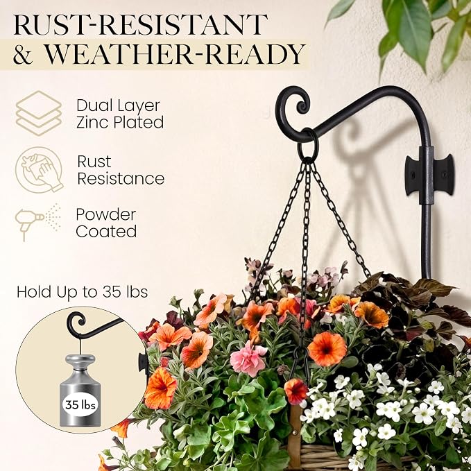 RTZEN Plant Hangers Outdoor or Indoor - Wrought Iron Metal Hanger Indoor Hook - Heavy Duty Wall Bracket Hooks for Hanging Plants Baskets Lanterns Bird Feeders - 2 Pack (Black Axe-Shape Hooks 7.5")