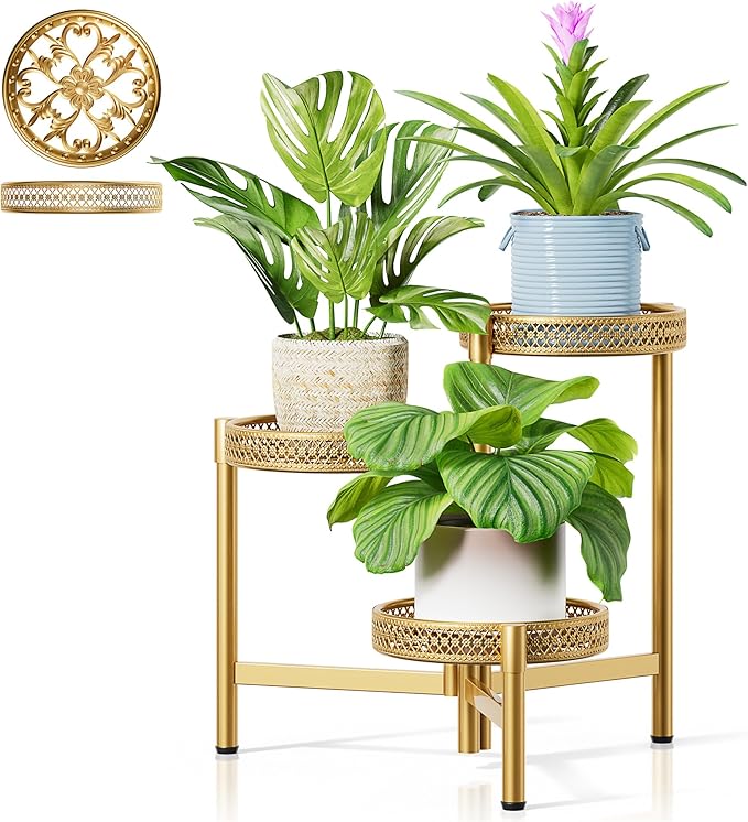 Metal Plant Stand Indoor Outdoor, 3 Tier Corner Plant Shelf for Multiple Plants, Gold Tiered Plant Stand, Heavy Duty Flower Holder, Folding Tall Rack for Garden Patio Balcony - GoldWave