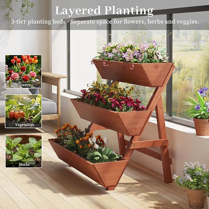 Kitsanery 3-Tiers Wooden Raised Garden Bed,Wood Planter Box for Vegetable,Flower Rack,Flower Pot Stands,Indoor Outdoor Gardening Planting Beds (Brick red, Large)