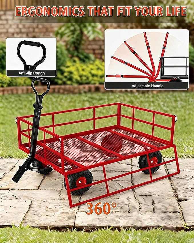 Garvee Steel Garden Cart, 1200 LBS Capacity Utility Outdoor Wagon, Heavy Duty Mesh Garden Wagon with Removable Sides, 2-in-1 Handle, 13" Tires for Yard, Lawn, Garden