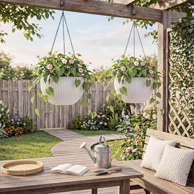 13.8 Inch Self Watering Hanging Planter, 2PCS Round Resin Hanging Basket for Indoor Outdoor Plants, Rattan Look Flower Pot with Drainage Plug, Deep Inner Pot and Sturdy Metal Triple-Chain Hanger
