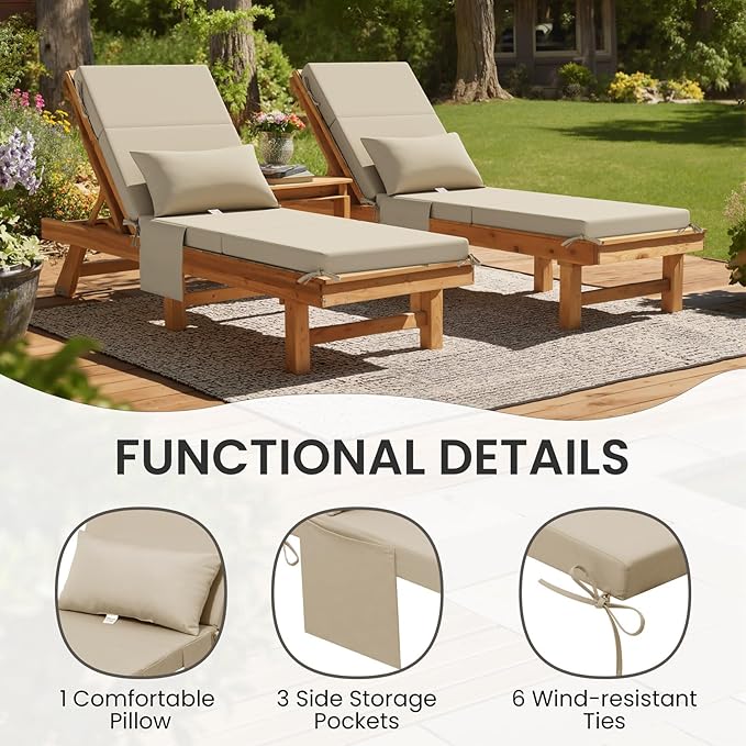 Sunbrella Foldable Outdoor Chaise Lounge Cushions with Head Pillow and Side Pockets,Water Repellent & Fade Resistant Lounge Chair Cushion, 72''L x 21''W, Set of 2, Canvas Antique Beige