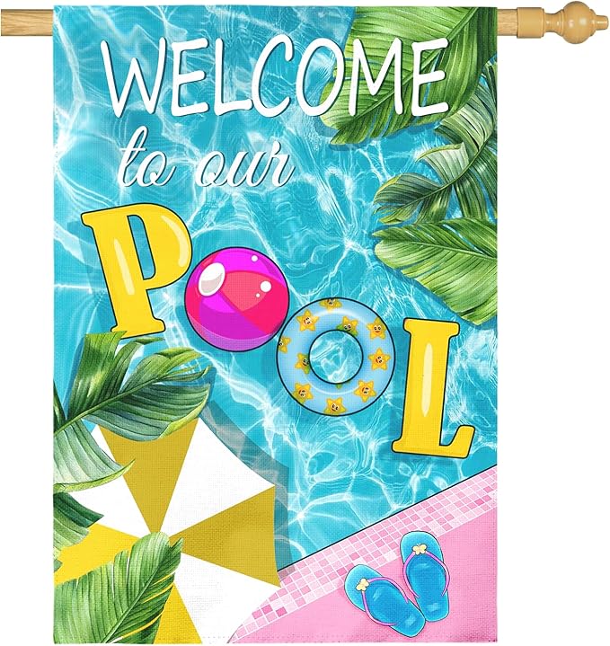 Welcome to Our Pool Garden Flag Vertical Double Sided Summer Swimming Pool Yard Flag Palm Leaf Parasol House Flags 28 x 40 Inch Holiday Party Seasonal Farmhouse Banner Outdoor Decor