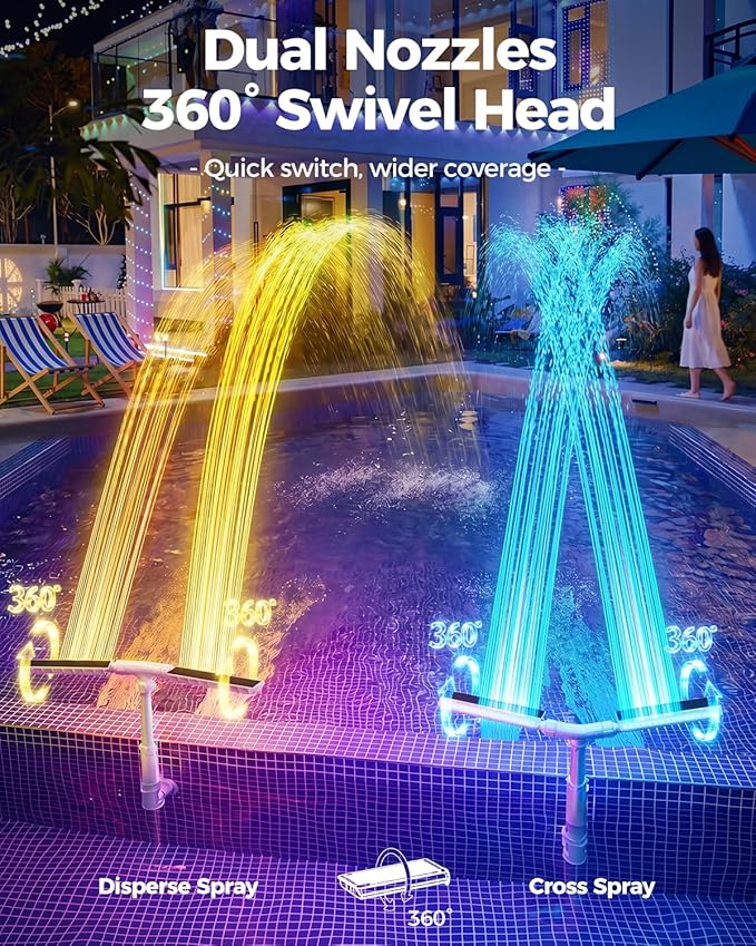 Solar Pool Fountain with Lights for Inground & Above Ground Pools — Dual-Powered Rechargeable, 10-Color Dynamic LED Waterfall, 15°F Cooling Aerator (White)