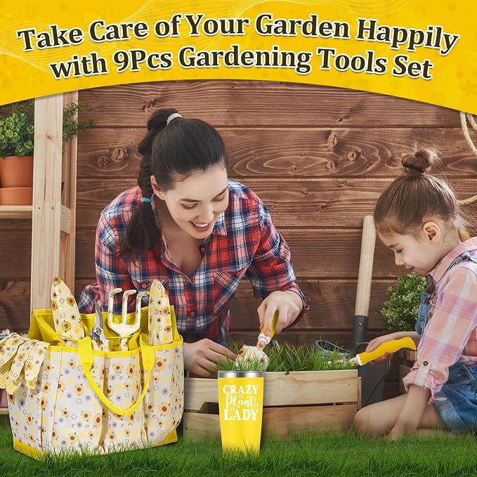 Lifecapido Gardening Gifts for Women, Gardening Hand Tools, 9 PCS Sunflower Garden Tool Set Kit with Garden Tool Bag, Birthday Christmas Mothers Day Garden Tools Gifts for Gardeners Women Mom (Yellow)