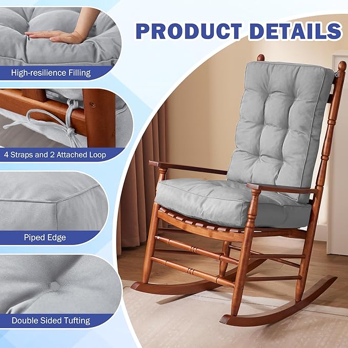 IPYNBAP Rocking Chair Cushion, Waterproof and Fade-Resistant Patio Chair Cushions, Tufted Chair Pads for Rocker Furniture, 17x17 Inch, Indoor/Outdoor Seat Cushions with Ties, Light Grey