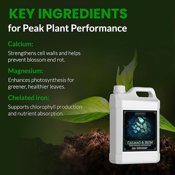 Humboldts Secret CalMag & Iron | Calcium, Magnesium & Chelated Iron Nutrient Fertilizer | Hydroponic Supplies for Vegetative & Flowering Growth in Soil, Coco, Hydroponics or RO Water | 2.5 Gallon