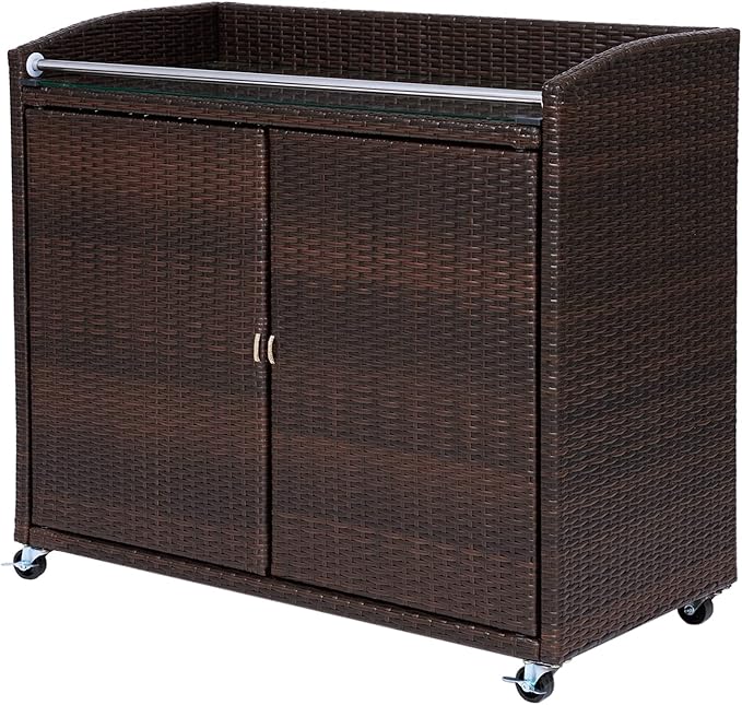 Teamson Home 39.5 in. Veronica Outdoor Rolling Bar Cart with Locking 360-degree Wheels, Weather-Resistant PE Rattan, Glass Tabletop, and 270 Gallon Storage Capacity, Brown