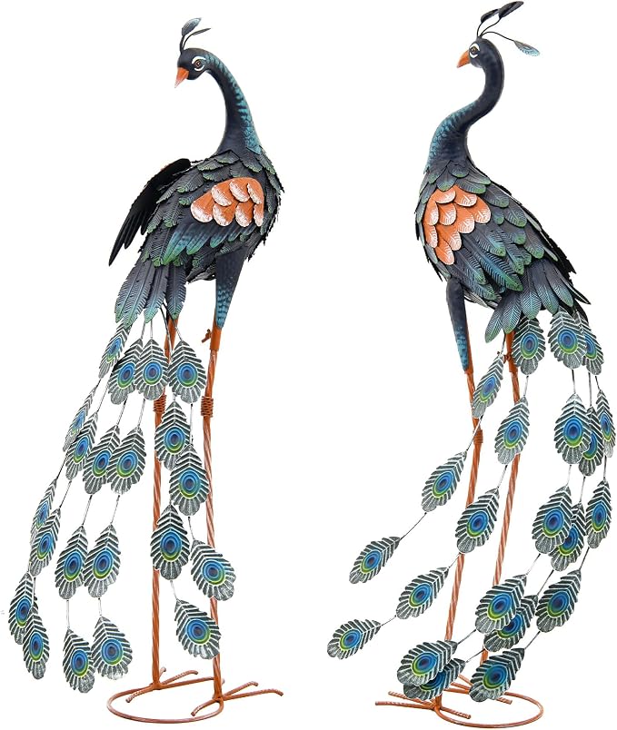 36" Oversized Peacock Decor Set of 2, Hand-Painted Metal Yard Art, Weatherproof Outdoor Garden Statues & Sculptures for Lawn, Flower Beds, Patio, Backyard or Indoor Kitchen & Home Decor