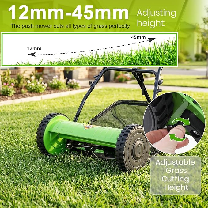 FDW 15-Inch Manual Push Reel Lawn Mower with 5 Steel Blades, Adjustable Cutting Height & Grass Catcher – Cordless, Eco-Friendly Yard and Garden Cleaner