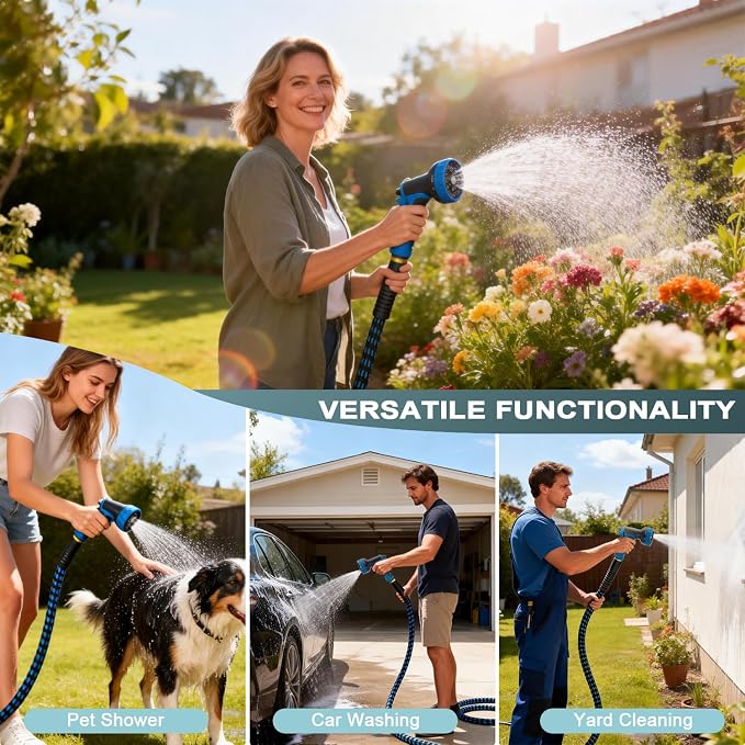 garden hose, non-extendable and ultra-lightweight 25 ft, equipped with 10-function nozzle. Kink-free, sturdy, flexible, and wear-resistant, suitable for use in yards, lawns, outdoors (25 FT)