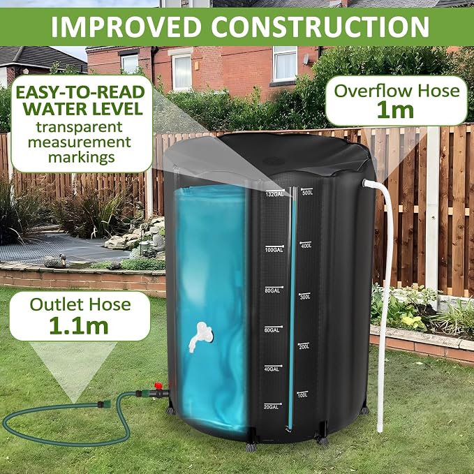 Collapsible Rain Barrel 132 Gallon, Rain Water Collection Barrel, 1000D PVC Rainwater Collection System with Mesh Cover Accessory (Bright Black 132 Gallon)
