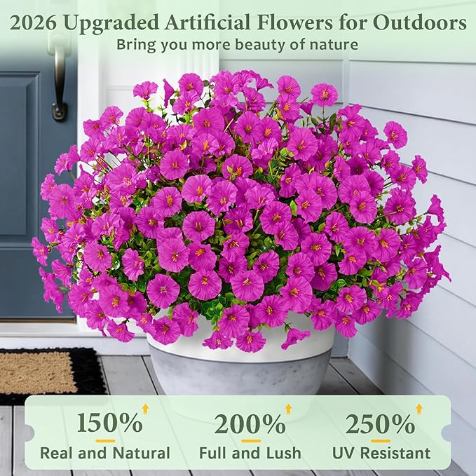 Yastouay Artificial Flowers for Outdoors, 14 Bundles Fake Outdoor Flowers, UV Resistant Artificial Plants & Flowers for Decoration, Fuchsia Realistic Morning Glory for Outdoor Porch Garden Decoration