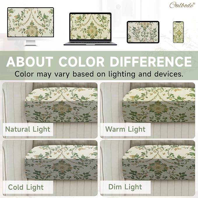 CALBODE 8 Pcs Stretch Outdoor Seat Cushion Covers, Washable Chair Seat Cover for Patio Furniture Cushions Soft Indoor and Outdoor Couch Cover Replacement (Green Vines, Cover Only)
