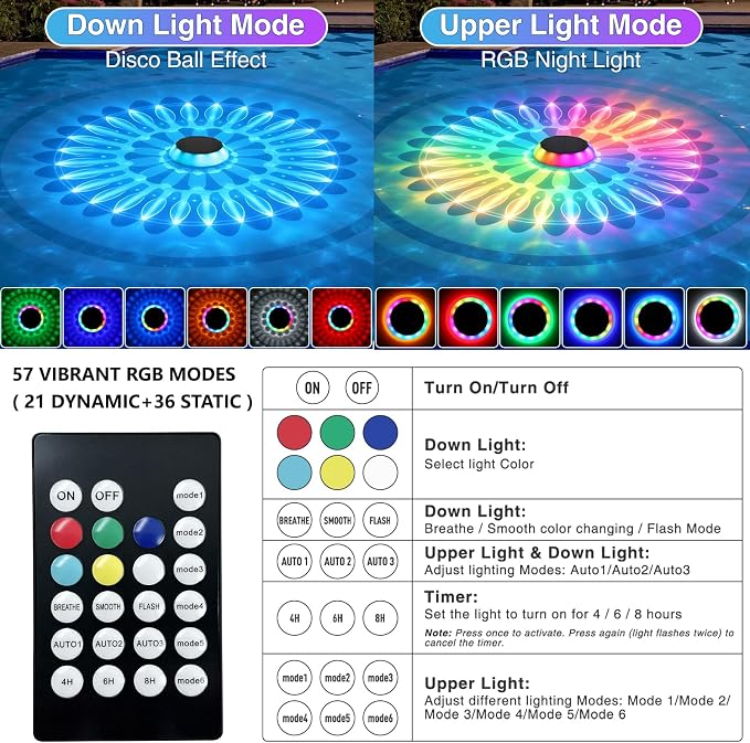 Solar Floating Pool Lights, 2026 Upgrade 2-Pack Solar Pool Lights for Above Ground & Inground Pools, 57 Lighting Modes, IP67 Waterproof, 3 Timers, 3000mAh, for Pool Parties, Backyard, Pond & Bathtub