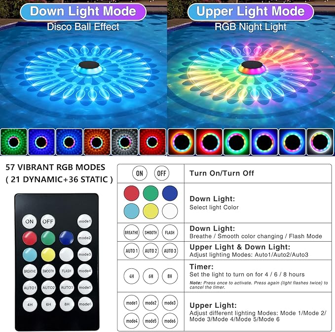 Solar Floating Pool Lights, 2026 Upgrade Solar Pool Lights for Above Ground & Inground Pools, 57 Lighting Modes, IP67 Waterproof, 3 Timers, 3000mAh, for Pool Parties, Backyard, Pond & Bathtub (4 Pack)