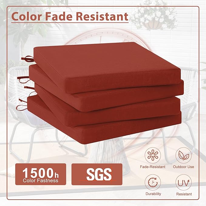 Favoyard Outdoor Chair Cushion Set of 4 Rainproof & Color Fade Resistant 17 x 16 x 2 in Square Corner Patio Furniture Cushions with Waterproof Hidden Zipper Attach Ties for Dining Table Chairs Seats