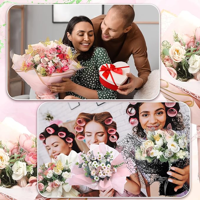 Qilery 334 Pcs Flower Wrapping Paper Set,153 Waterproof Floral Bouquet Wrapping Paper,72 3D Gold Butterfly Decoration,100 Pins, 6 Crowns and 3 Ribbons for DIY Craft(Elegant Color)