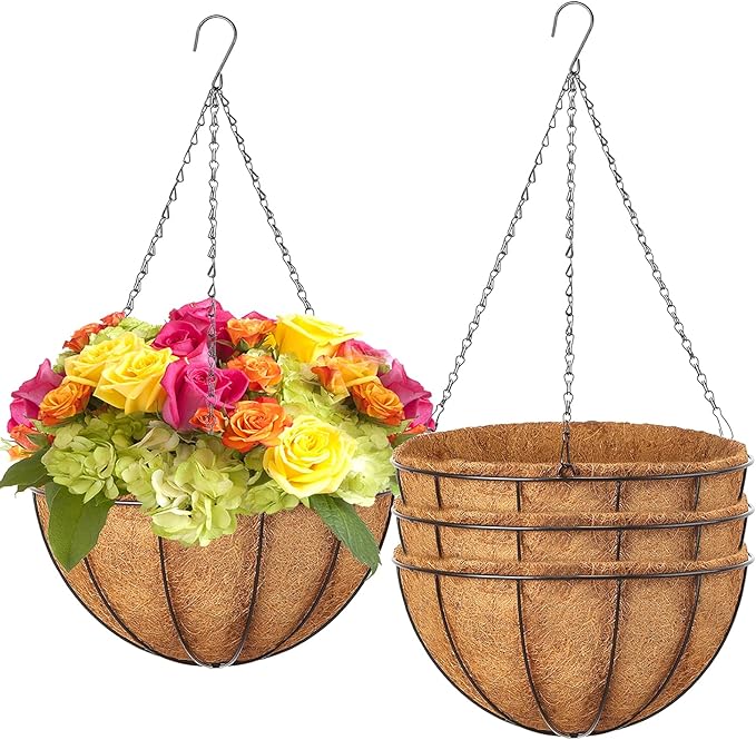 LCHUANG Hanging Baskets Planter for Plants - 4 Pack 10 Inch Metal Baskets with Coco Coir Liner, Hanging Flower Pots for Outside with Chain, Indoor Outdoor Garden Porch Decoration (10'' Pack of 4)