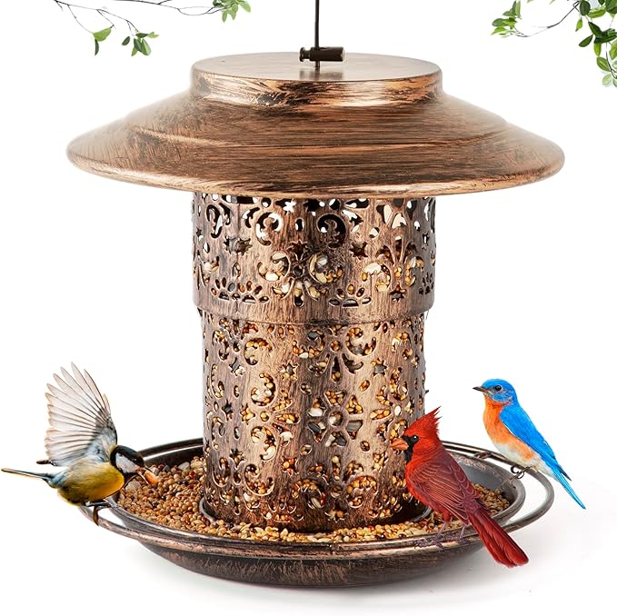 Metal Bird Feeders for Outdoors Hanging, Weather Resistant Wild Bird Feeder with 360 Degree Feeding Tray (Copper)