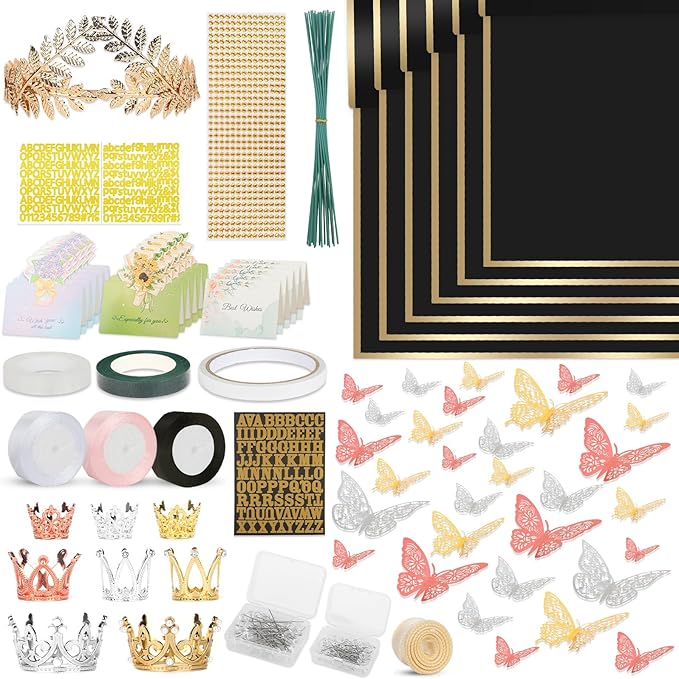 260Pcs Flower Bouquet Wrapping Paper Kit, 60 Sheets Black Waterproof Paper, 36 Butterflies, 8 Crowns, 1 Headband, 4 Ribbons, 15 Cards, 100 Diamond Pins, 30 Floral Wire, 3 Stickers, 3 Tapes (Black)