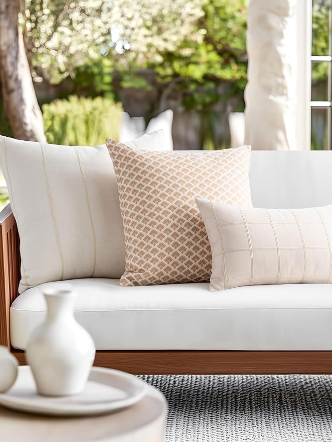 Crumbs Home Modern Farmhouse Fall Linen Indoor Outdoor Throw Pillow Cover Only, 22"x22" Water Repellent for Patio, Backyard, Couch, Neutral Beige Vertical Stripes