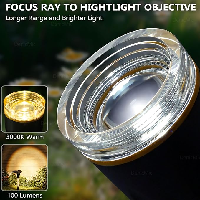 DenicMic Solar Lights Outdoor Waterproof Adjustable Solar Spot Lights Outdoor 3000K Warm White Lens LED for Yard Garden Patio Pathway Flag Tree House Landscape Lighting Outside 2 Pack