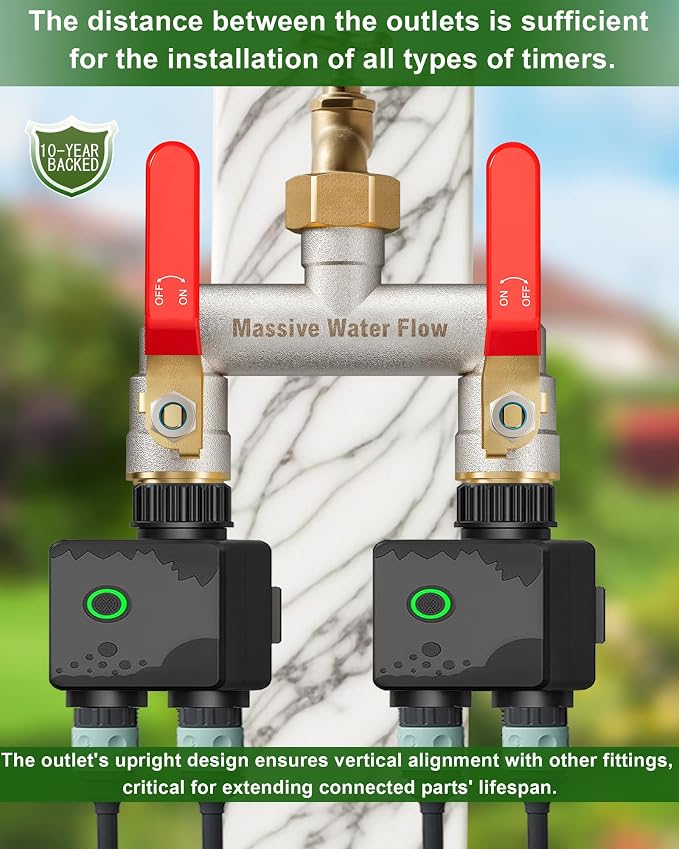 Hose Splitter 2 Way Heavy Duty, Garden Hose Splitter with 304 Stainless Steel Long Handle, Full Flow Brass Nickel Plated Water Hose T Spigot Splitter Adapter Connector, 3/4 - Inch GHT Thread (Red)