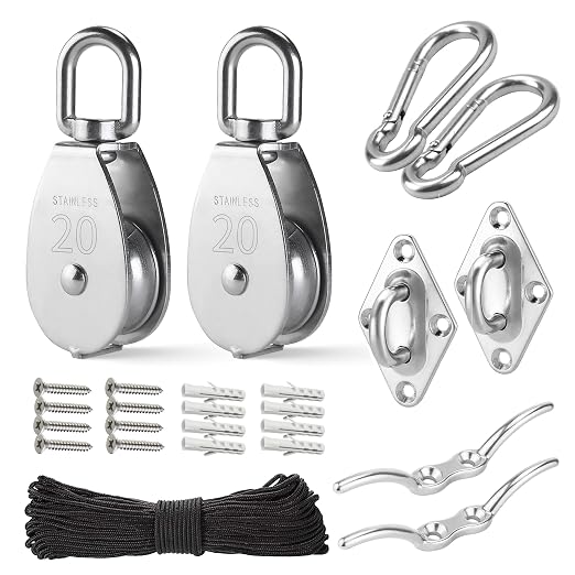 LAIWOO M20 Stainless Steel Pulley System Kit-Heavy-Duty Pulley Wheel, Pulley Block with Nylon Rope, Hooks, Eye Pad Plate, and Rope Cleat - Ideal for Lifting, DIY Projects, and Clothesline (2 Pack)