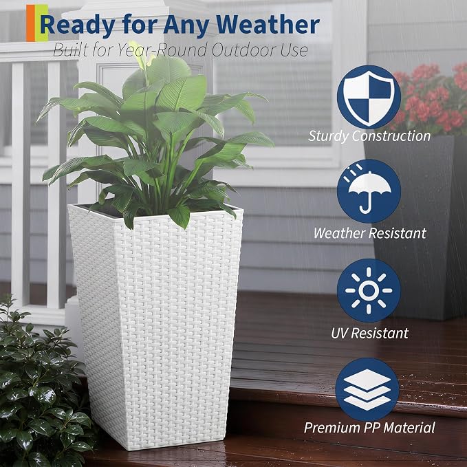 Garvee 16 Inch Tall Planters Set of 4, Self Watering Planters for Outdoor Indoor Plants with Drainage & Water Level Indicator, Tall Flower Pots for Front Porch, Patio, Balcony & Entryway