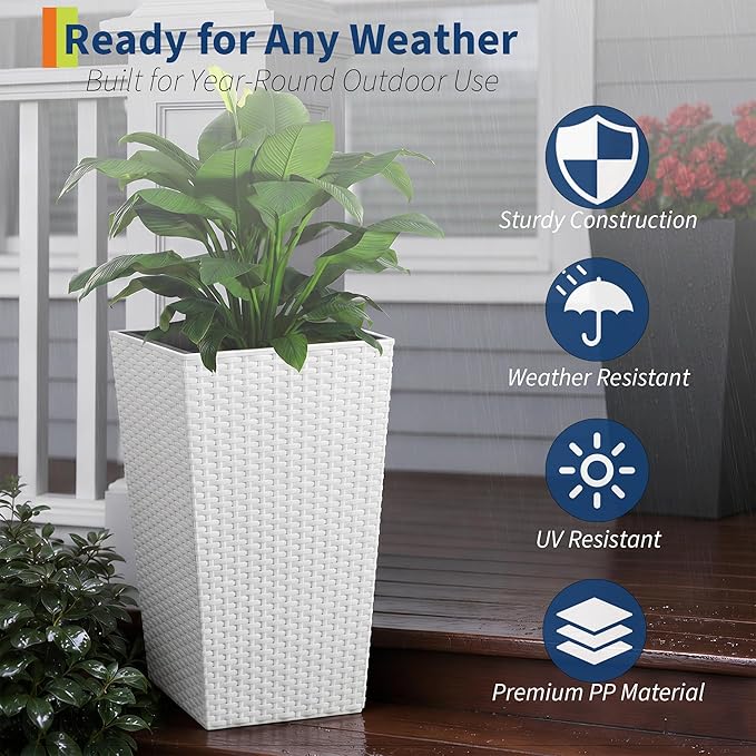 Garvee Set of 2 Tall Rattan Planters, 16 Inch Black Planters for Indoor Outdoor Plants, Flower Pots with Drainage & Water Level Window for Porch, Patio & Balcony