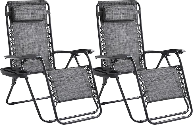 Zero Gravity Chair Set of 2 Oversized Folding Recliner, Padded Anti Gravity Lounge Chair with Adjustable Pillow & Cup Holder for Outdoor Camping, Patio, Poolside, Lawn (Gray)