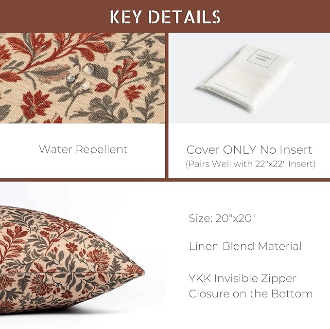 Crumbs Home Modern Farmhouse California Casual Indoor Outdoor Throw Pillow Cover, 20"x20" Water Repellent for Patio, Backyard, Couch, Poolside, Rust Orange Print Sketch Botanical Flowers and Leaves