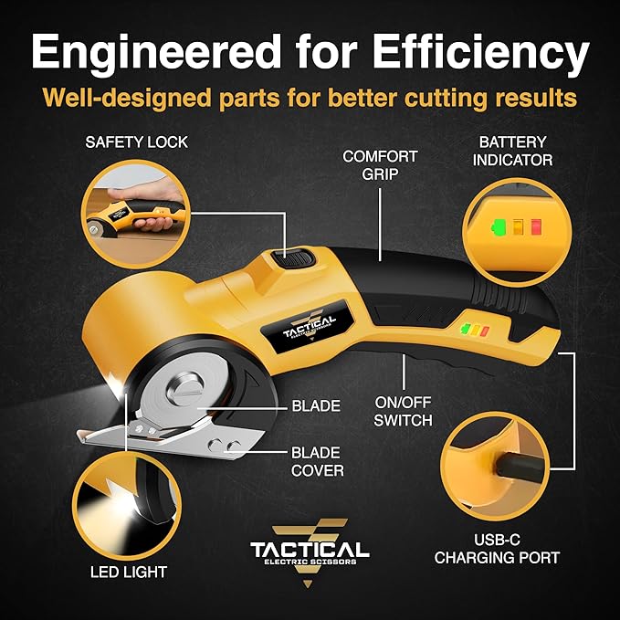 Tactical Electric Scissors Cordless Cardboard Cutter Electric Box Cutter for Cardboard Heavy Duty 4V Rechargeable Power Scissors with Safety Lock LED Light for Carpet Plastic Leather
