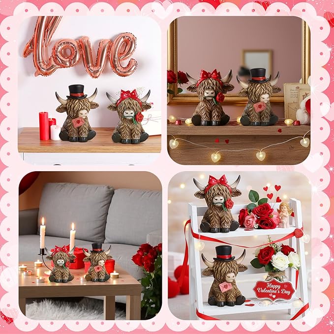 Simgoing 2 Pack Valentine's Day Highland Cow Figurines Love Heart Highland Cow Gnome with Rose Valentines Couple Statue Sweet Valentines Table Decoration for Farmhouse Tiered Tray Garden Home