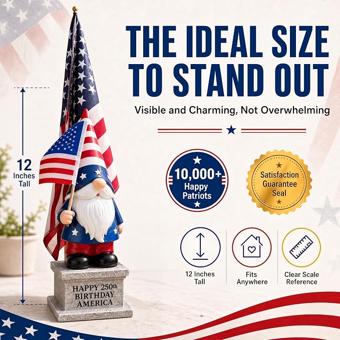4th of July Garden Gnome with Solar Lantern 12'' Patriotic Resin Statue for Yard, Lawn, Patio - American Flag Outdoor Decoration for Memorial Day & USA 250th Anniversary Independence Day CLEARANCE